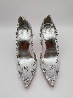 Christian Louboutin Degraqueen PVC Crystal Pumps Silver 100 Heels EU 34